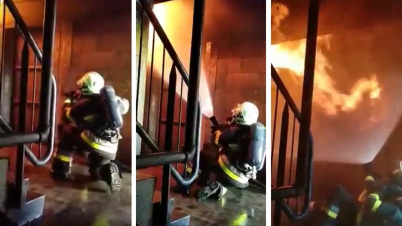 ¡De película! Bomberos salvan la vida al accionar su “cortina de protección”.