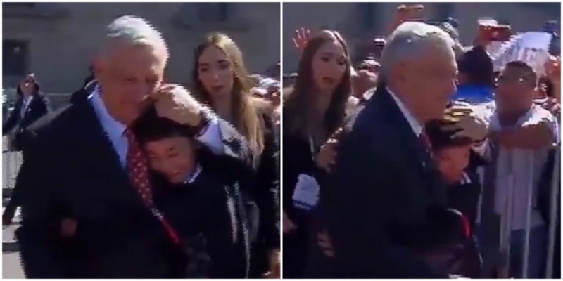 Niño burla la seguridad en el Zócalo para darle un fuerte abrazo a AMLO 