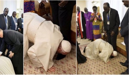 Papa se arrodilla y besa los pies de líderes del Sudán del Sur por 