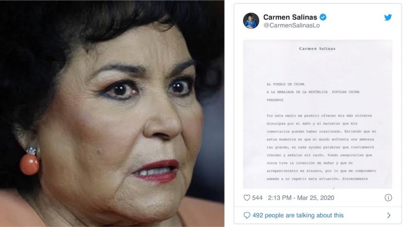 Obligan a Carmen Salinas a enviar disculpa a China por sus ofensas al pueblo chinoy
