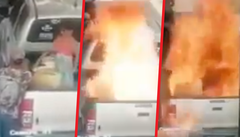 (VIDEO) Por cargar gasolina en bidones, padre ocasiona flamazo y quema a su hija.