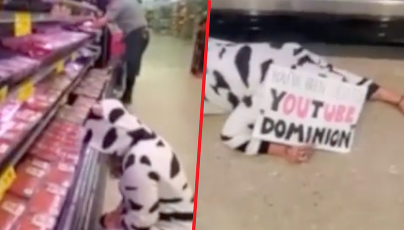 Vegana se disfraza de vaca y arrodillada le llora a carnes congeladas de supermercado (VIDEO).