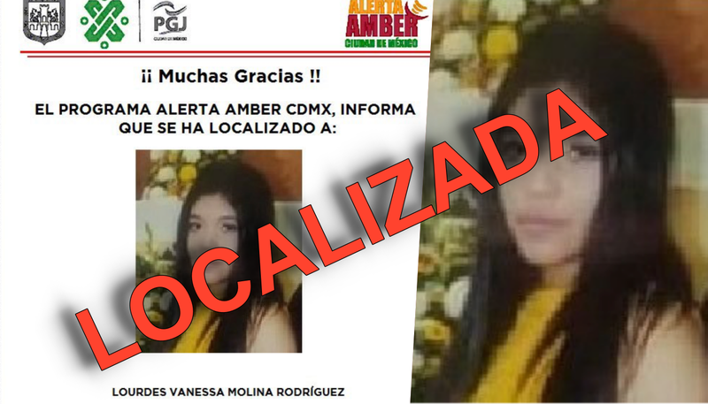 ¡Se desactiva #AlertaAmber! Lourdes Vanessa Molina Rodríguez ya fue localizada. 