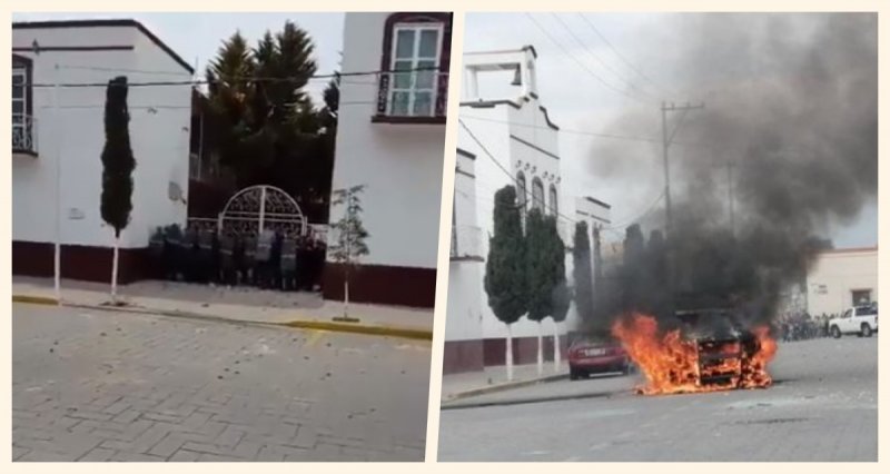 Ciudadanos incendian autos y apedrean Ayuntamiento de Amozoc; exigen destitución de Alcalde