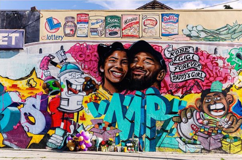 Artista pinta en menos de 12 horas enorme mural de Kobe Bryant y su hija Gianna