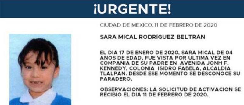 Ayudemos a encontrar a Sara Mical Rodríguez, menor de 4 años desaparecida en Tlalpan