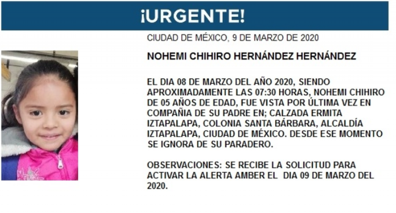 Activan Alerta Amber por Nohemi Chihiro; niña de 5 años que desapareció en Iztapalapa