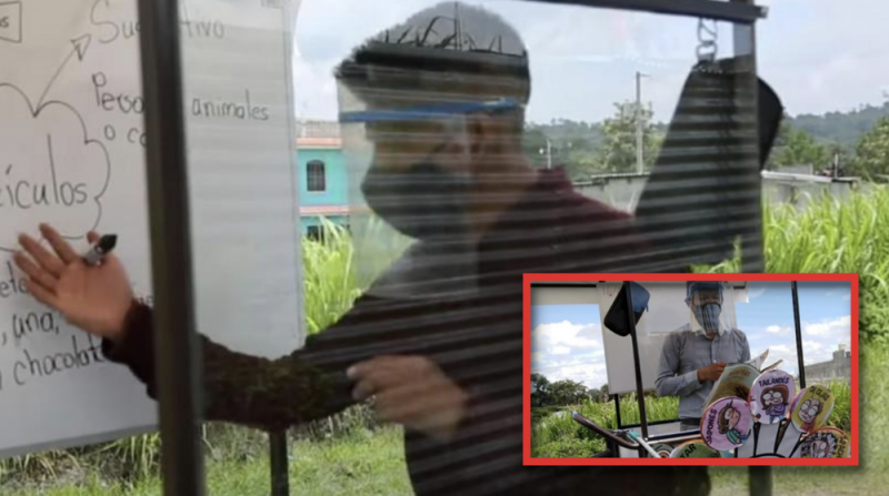 Por COVID19, MAESTRO da clases a sus ALUMNOS en aula móvil ADAPTADA en su bicicleta