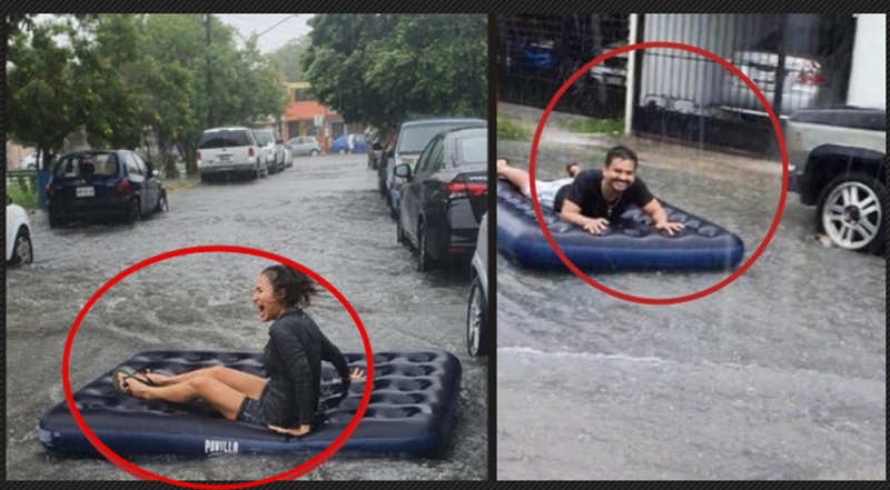 Pareja desafía a “HANNA” y sale a pasear en COLCHÓN INFLABLE