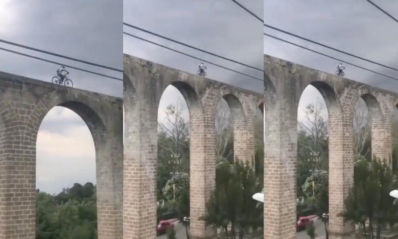 Difunden vídeo de ciclista PASEANDO como si nada en lo alto de los Arcos de Naucalpan