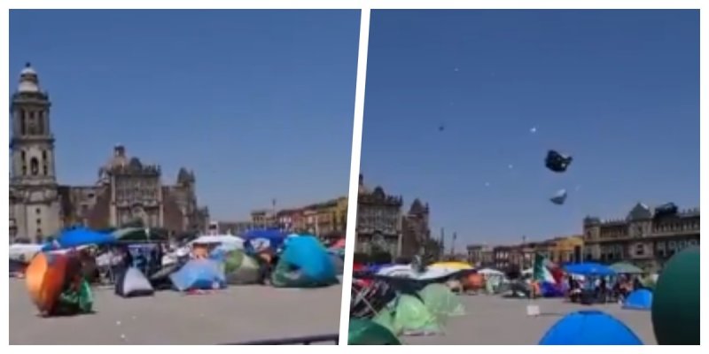 ¿Y la gente? Casa de campaña de FRENAAA en el Zócalo salen volando tras ventarrón (VIDEO)y