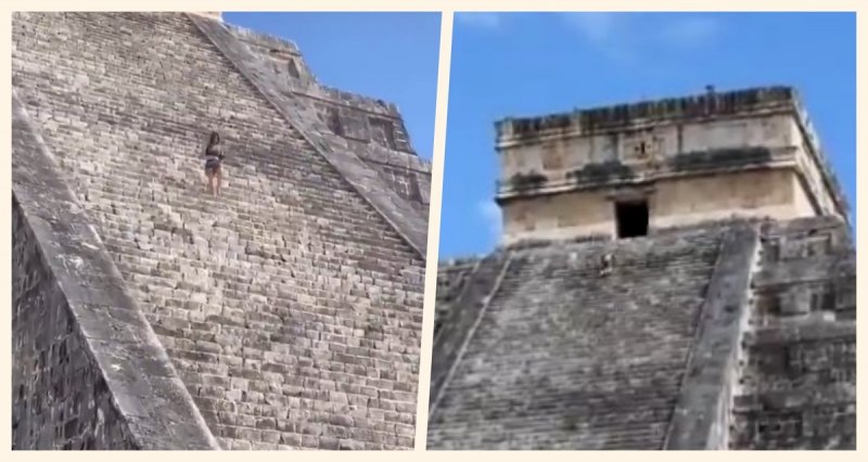 Mujer le vale las restricciones y se sube a pirámide de Chichen-Itzá; causa indignación y se vuelve y