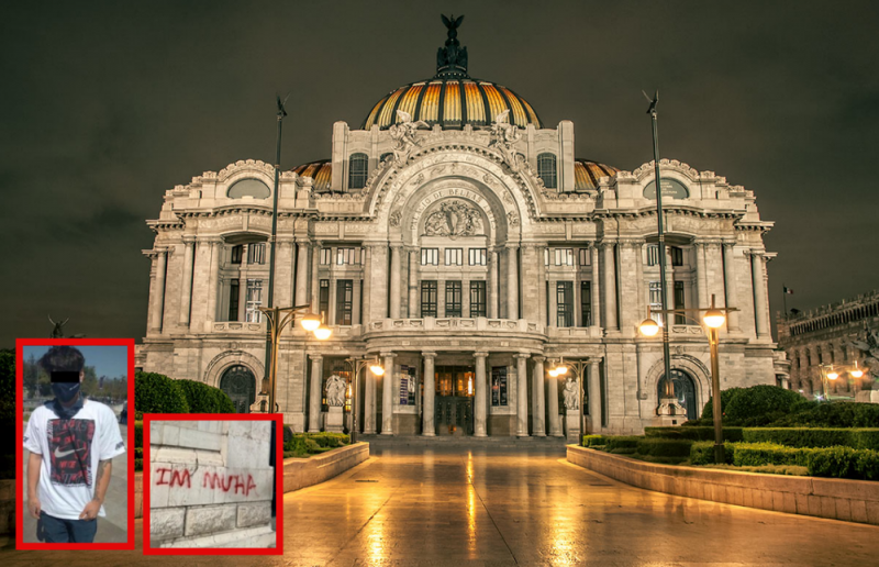 Extranjero enfrenta proceso penal tras GRAFITEAR fachada del Palacio de Bellas Artesy