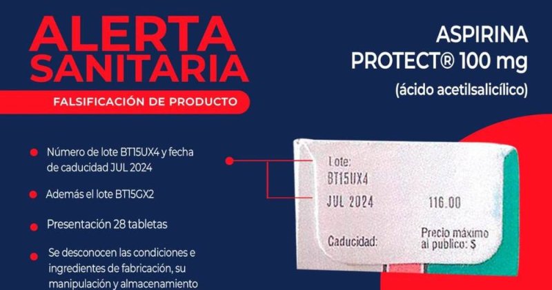 COFEPRIS alerta a la población por venta de Aspirina Protec de 100 mg “pirata”