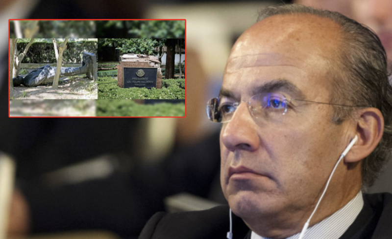 Estatua de Felipe Calderón sigue arrumbada en el suelo en Los Pinos 